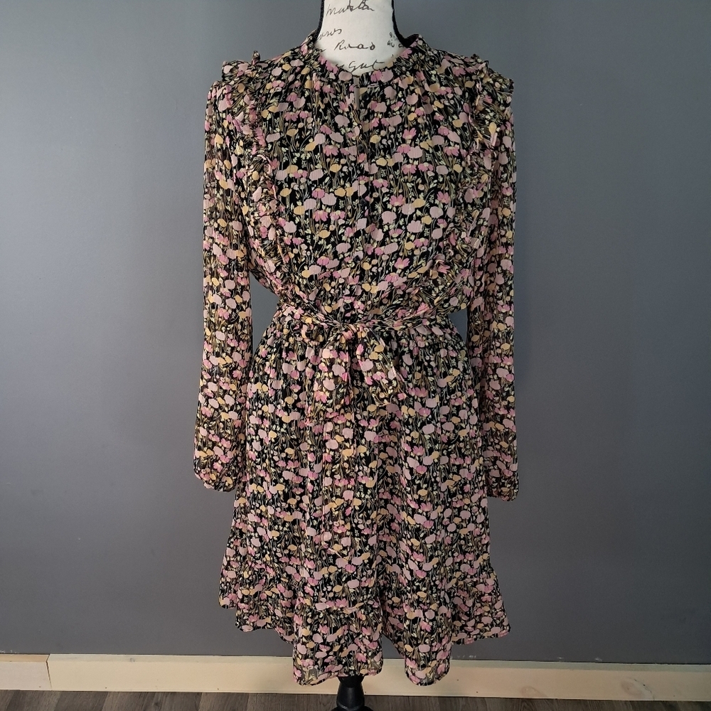 Lauren Conrad Button Front Ruffled Mini Dress Black Multicolor Floral Size Large